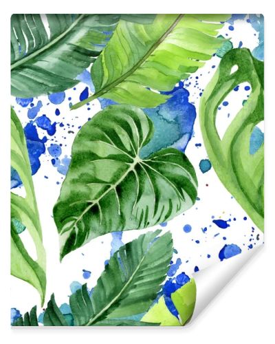 Exotic tropical hawaiian palm tree leaves. Watercolor background illustration set. Seamless background pattern. 