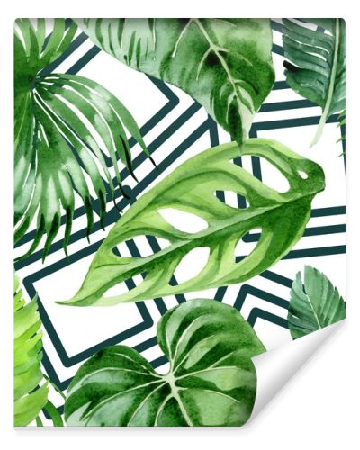Exotic tropical hawaiian palm tree leaves. Watercolor background illustration set. Seamless background pattern. 