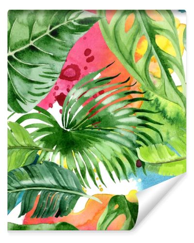 Exotic tropical hawaiian palm tree leaves. Watercolor background illustration set. Seamless background pattern. 