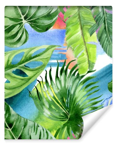 Exotic tropical hawaiian palm tree leaves. Watercolor background illustration set. Seamless background pattern. 