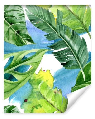 Exotic tropical hawaiian palm tree leaves. Watercolor background illustration set. Seamless background pattern. 