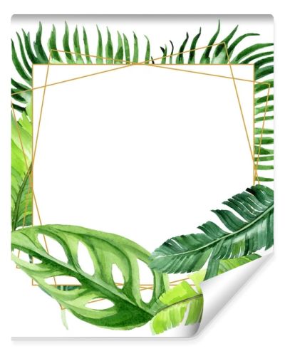 Exotic tropical hawaiian palm tree leaves isolated on white. Watercolor background illustration set. Frame ornament with copy space.