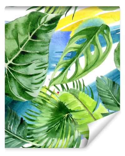 Exotic tropical hawaiian palm tree leaves. Watercolor background illustration set. Seamless background pattern. 