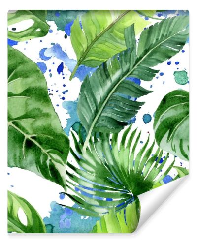 Exotic tropical hawaiian palm tree leaves. Watercolor background illustration set. Seamless background pattern. 