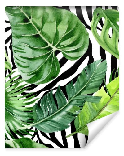 Exotic tropical hawaiian palm tree leaves. Watercolor background illustration set. Seamless background pattern. 