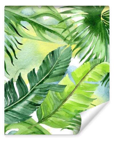 Exotic tropical hawaiian palm tree leaves. Watercolor background illustration set. Seamless background pattern. 