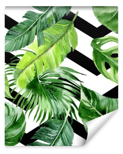 Exotic tropical hawaiian palm tree leaves. Watercolor background illustration set. Seamless background pattern. 