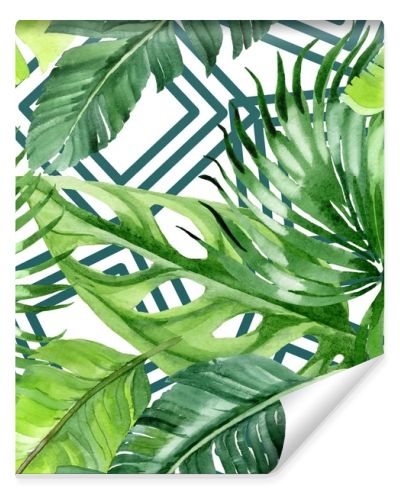 Exotic tropical hawaiian palm tree leaves. Watercolor background illustration set. Seamless background pattern. 