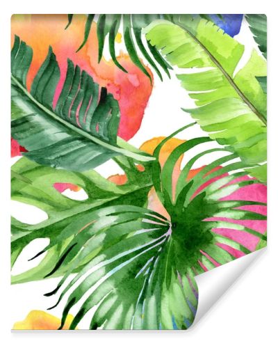 Exotic tropical hawaiian palm tree leaves. Watercolor background illustration set. Seamless background pattern. 