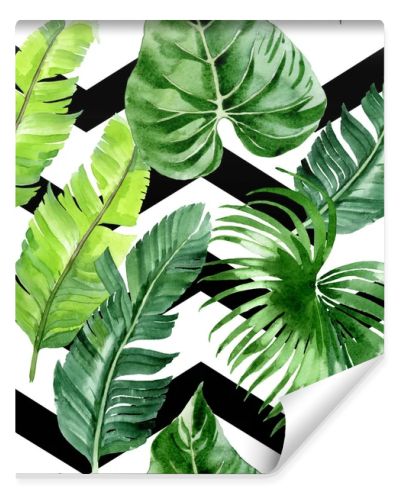 Exotic tropical hawaiian palm tree leaves. Watercolor background illustration set. Seamless background pattern. 