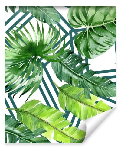 Exotic tropical hawaiian palm tree leaves. Watercolor background illustration set. Seamless background pattern. 
