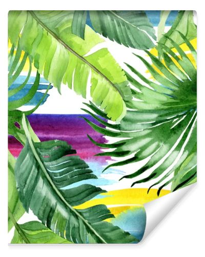 Exotic tropical hawaiian palm tree leaves. Watercolor background illustration set. Seamless background pattern. 
