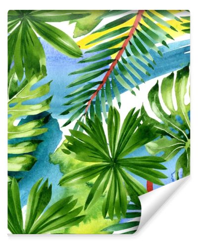 Palm beach tree leaves jungle botanical. Watercolor background illustration set. Seamless background pattern.