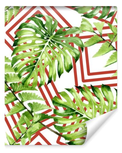 Palm beach tree leaves jungle botanical. Watercolor background illustration set. Seamless background pattern.