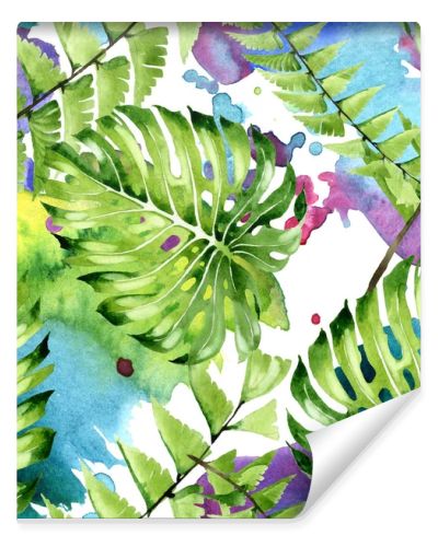 Palm beach tree leaves jungle botanical. Watercolor background illustration set. Seamless background pattern.