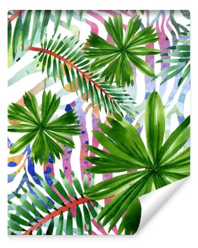 Palm beach tree leaves jungle botanical. Watercolor background illustration set. Seamless background pattern.