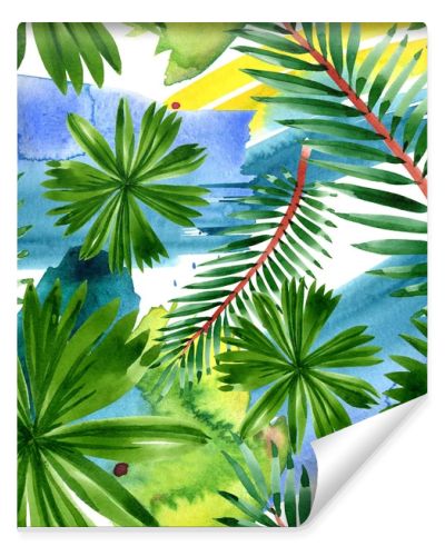 Palm beach tree leaves jungle botanical. Watercolor background illustration set. Seamless background pattern.