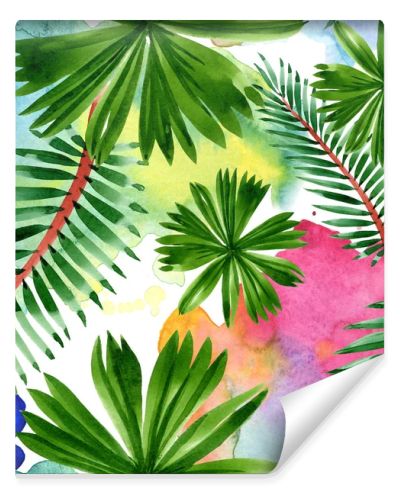 Palm beach tree leaves jungle botanical. Watercolor background illustration set. Seamless background pattern.