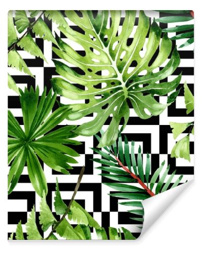 Palm beach tree leaves jungle botanical. Watercolor background illustration set. Seamless background pattern.