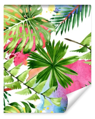 Palm beach tree leaves jungle botanical. Watercolor background illustration set. Seamless background pattern.