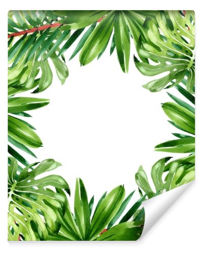 Palm beach tree leaves jungle botanical. Watercolor background illustration set. Frame border ornament square.