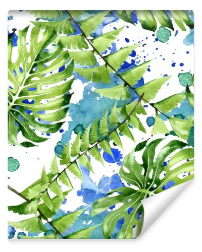 Palm beach tree leaves jungle botanical. Watercolor background illustration set. Seamless background pattern.