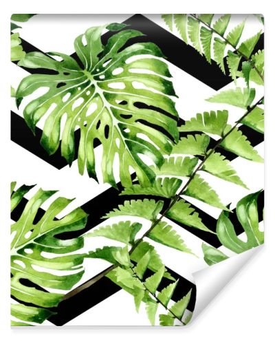 Palm beach tree leaves jungle botanical. Watercolor background illustration set. Seamless background pattern.
