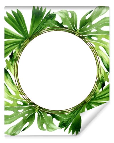 Palm beach tree leaves jungle botanical. Watercolor background illustration set. Frame border ornament square.