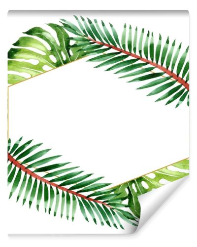 Palm beach tree leaves jungle botanical. Watercolor background illustration set. Frame border ornament square.