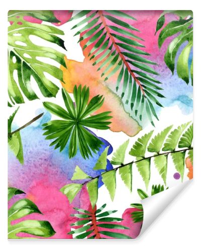 Palm beach tree leaves jungle botanical. Watercolor background illustration set. Seamless background pattern.