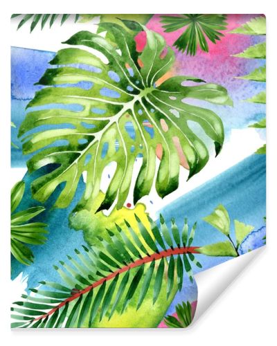 Palm beach tree leaves jungle botanical. Watercolor background illustration set. Seamless background pattern.