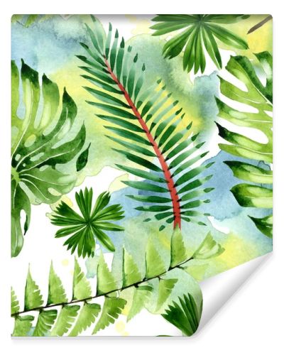 Palm beach tree leaves jungle botanical. Watercolor background illustration set. Seamless background pattern.