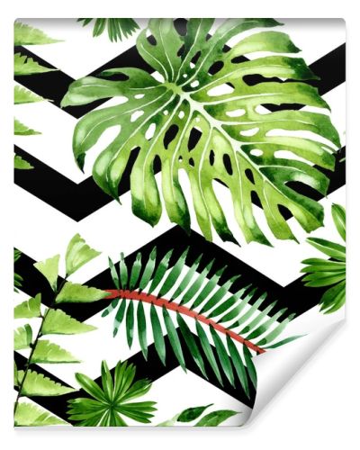 Palm beach tree leaves jungle botanical. Watercolor background illustration set. Seamless background pattern.