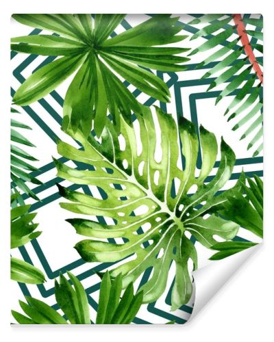 Palm beach tree leaves jungle botanical. Watercolor background illustration set. Seamless background pattern.