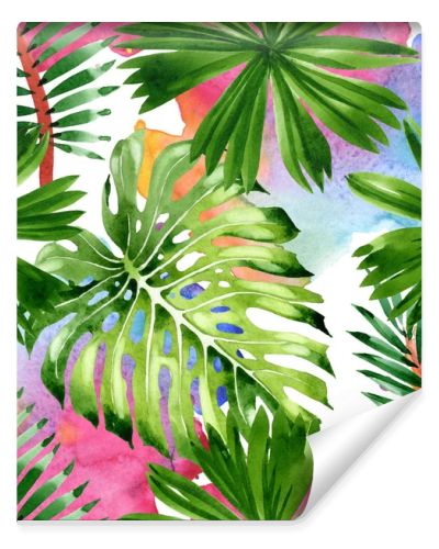 Palm beach tree leaves jungle botanical. Watercolor background illustration set. Seamless background pattern.