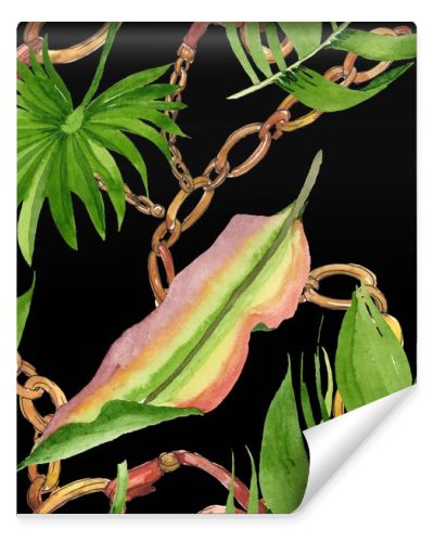 Palm beach tree leaves jungle botanical. Watercolor background illustration set. Seamless background pattern.
