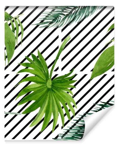 Palm beach tree leaves jungle botanical. Watercolor background illustration set. Seamless background pattern.
