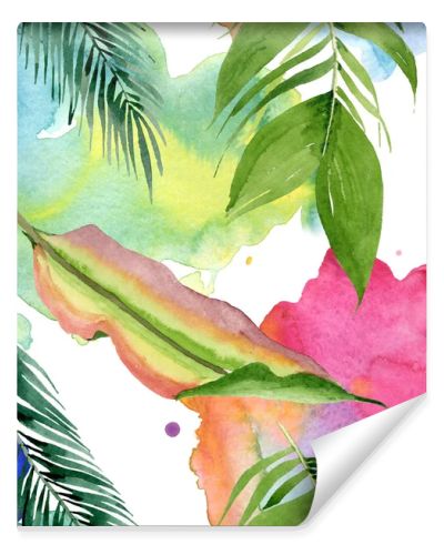 Palm beach tree leaves jungle botanical. Watercolor background illustration set. Seamless background pattern.