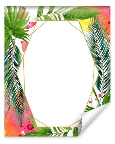 Palm beach tree leaves jungle botanical. Watercolor background illustration set. Frame border ornament square.