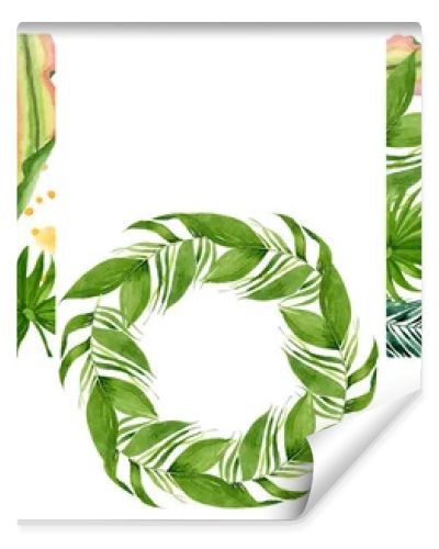 Palm beach tree leaves jungle botanical. Watercolor background illustration set. Frame border ornament square.