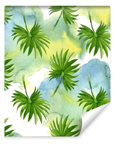 Palm beach tree leaves jungle botanical. Watercolor background illustration set. Seamless background pattern.