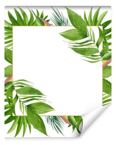 Palm beach tree leaves jungle botanical. Watercolor background illustration set. Frame border ornament square.