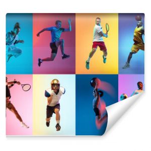 Collage of professional sportsmen in action and motion isolated on multicolored background in neon light. Flyer. Advertising, sport life concept