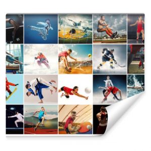 Kreatywny kolaż złożony ze zdjęć 29 modelek Tenis Bieganie badminton Pływanie Koszykówka Piłka ręczna Siatkówka Futbol amerykański
