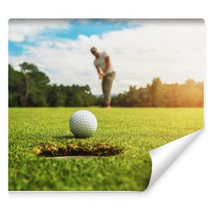 golf player putting golf ball into hole