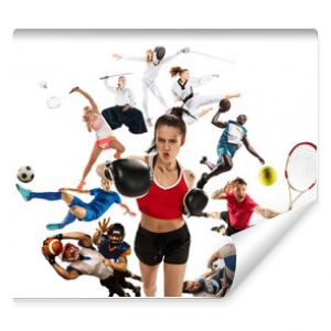 Sport collage about kickboxing, soccer, american football, basketball, badminton, taekwondo, tennis, rugby