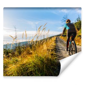 Kobieta na rowerze górskim jedzie na rowerze latem w górach, leśnym krajobrazie Kobieta na rowerze MTB flow trail track Aktywny sport na świeżym powietrzu