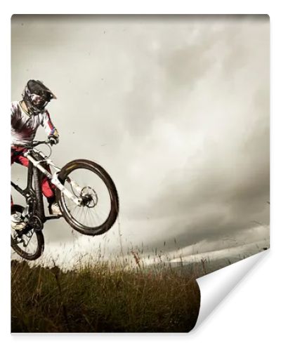 Young man riding a mountain bike downhill style