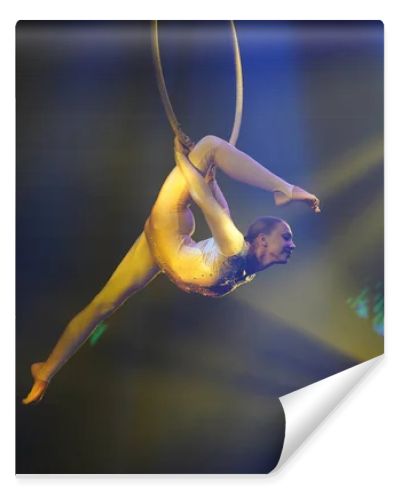 Flexible young woman make performance on aerial hoop, yellow light, flexible split on aerial hoop, aerial circus show, excellent stretching