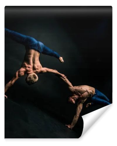 Male acrobatic duo performs a complicated balancing act on a dark background.